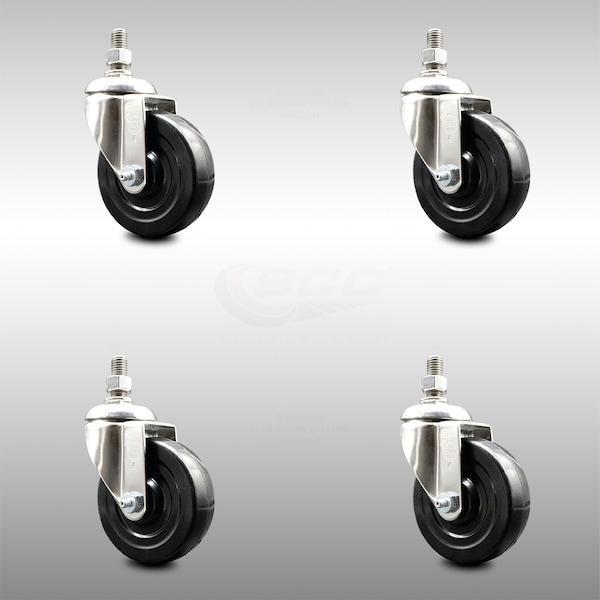 4 Inch 316SS Hard Rubber Wheel Swivel 10mm Threaded Stem Caster Set SCC